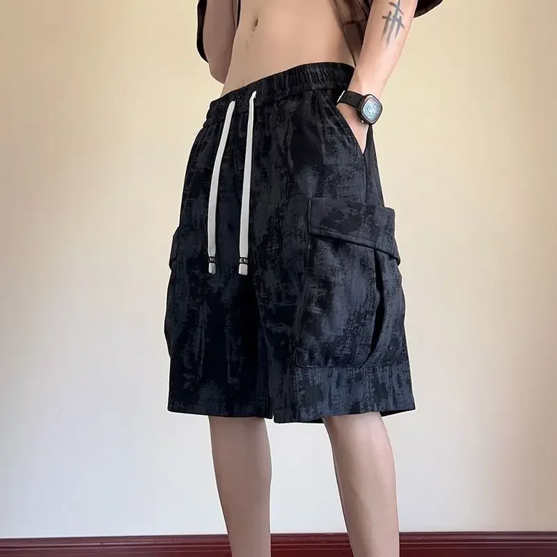 

Свободные мужские шорты-карго с эластичной резинкой на талии, мешковатые широкие короткие брюки выше колена с карманами для мужчин, нейлон с принтом Y2k, лето