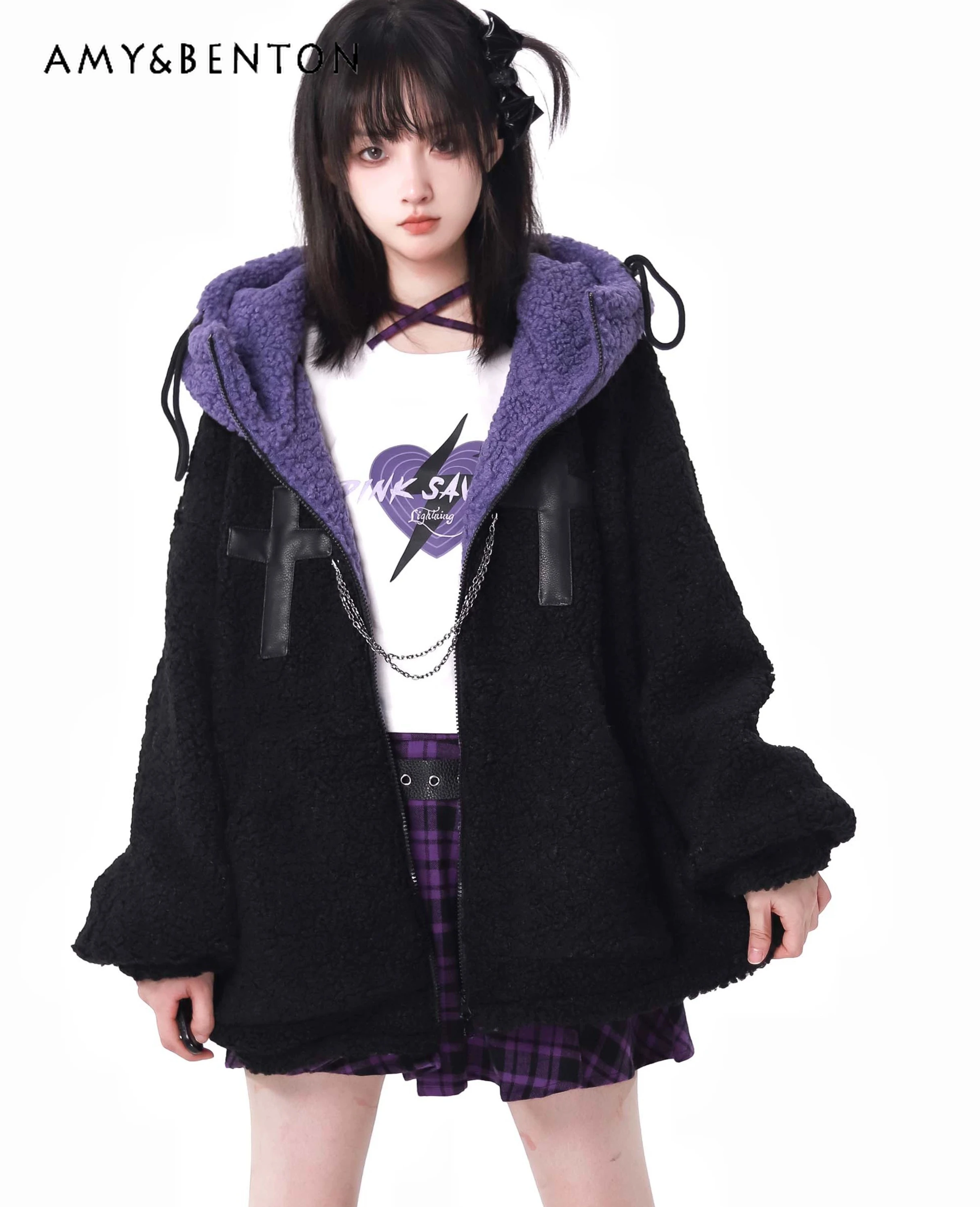 Preppy Style Sweet Cool Girl Outfits Cute Hooded Lamb Wool Coat Purple Plaid Leather Ring Mini Skirt Two-Piece Sets Winter New