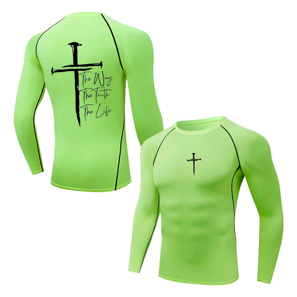 Men's Compression T-Shirt With Cross Print High Elasticity Breathable Long Sleeve Outdoor Fitness And Cycling Training Top