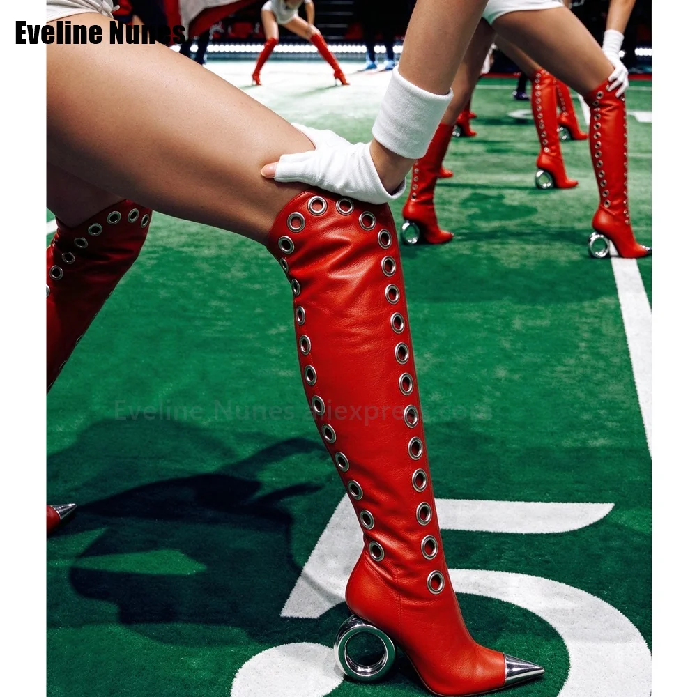 Women Red Sexy Thigh High Boots Pointed Toe Metal Tip Ring Shape Heel Side Zipper Eyelet Decor Club Party Trendy Y2K Boots 2026