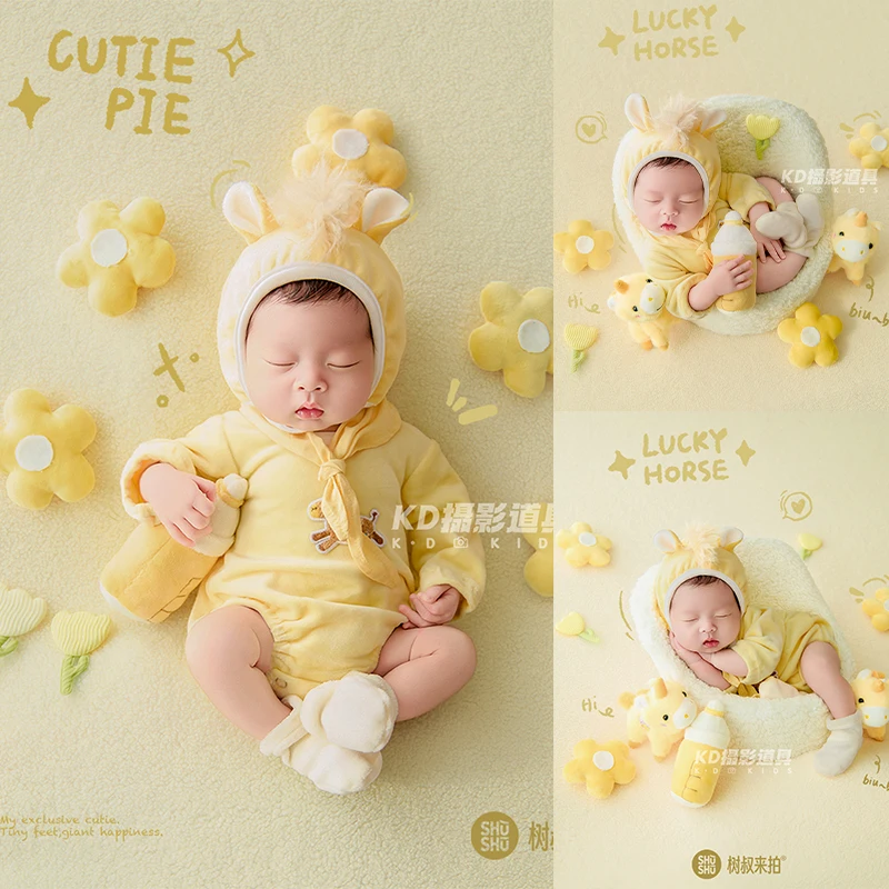 Yellow Pony Newborn Photography Props Cute Jumpsuit +Triangle Scarf +Socks, Plush Horse and Bottle Doll Background Accessories