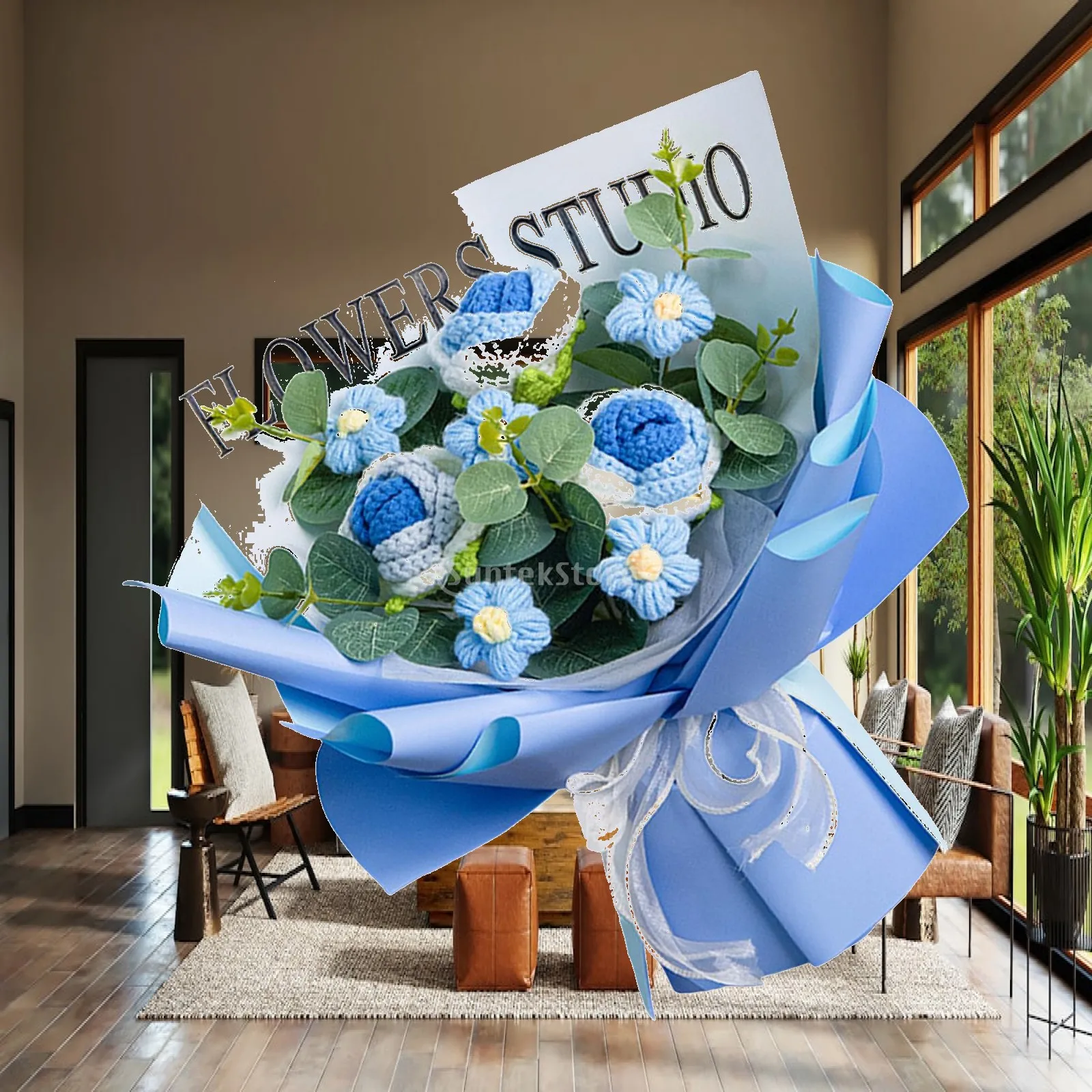Faux Flower Handmade Knitted Bouquet Tulips with Eucalyptus Table Centerpiece Artificial Flowers for Wedding Bridal Party Living