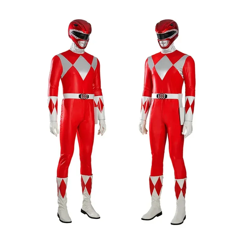 qq34Red Adult Man Cosplay Morpher Mighty Prince Geki Rangers Costume Battle Armor Jumpsuit Red Tyranno Soldier O view 3