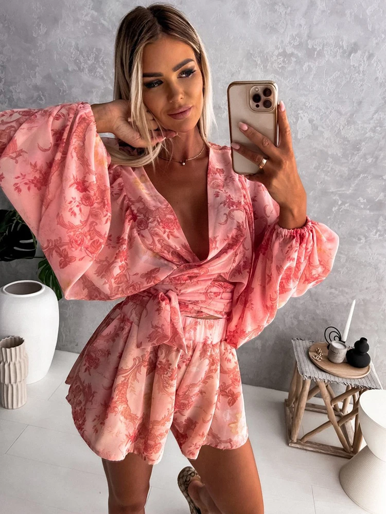 Summer Sexy Deep V Neck Set For Women  Casual Boho Beach Vacation Outfit Fashion Print Lantern Sleeve Top Shorts Piece Sets