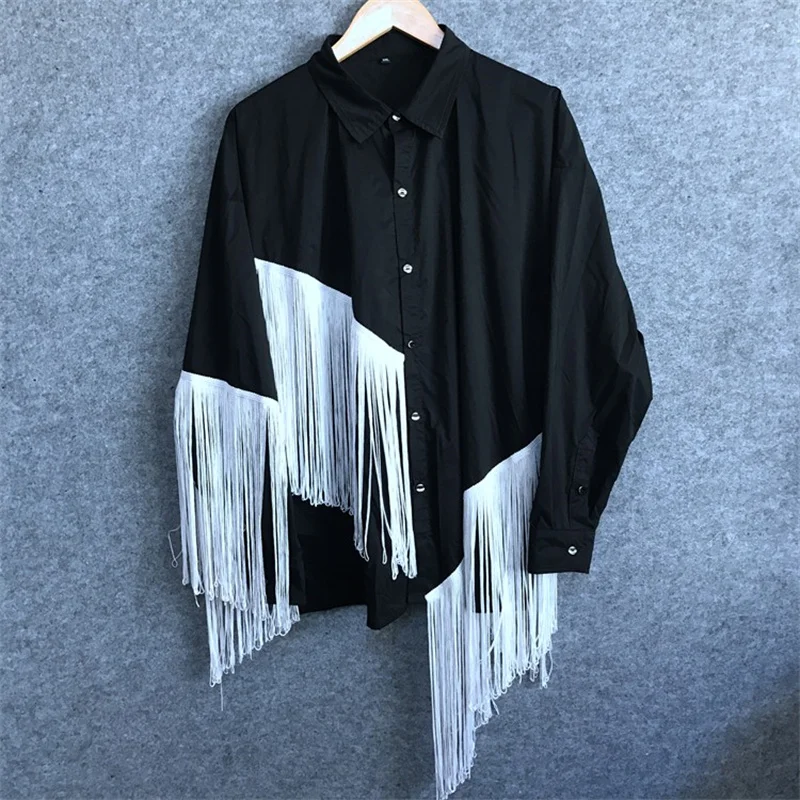 

White fringe decoration black super loose style male and female hip hop street super fairy flowing shirt