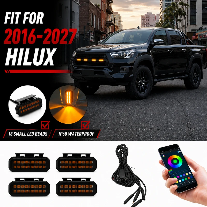 Front Grille LED Lights FOR HILUX 2017-2026 RGB APP Control 18 LED Amber Marker Lights IP68 Waterproof Off Road Accessories