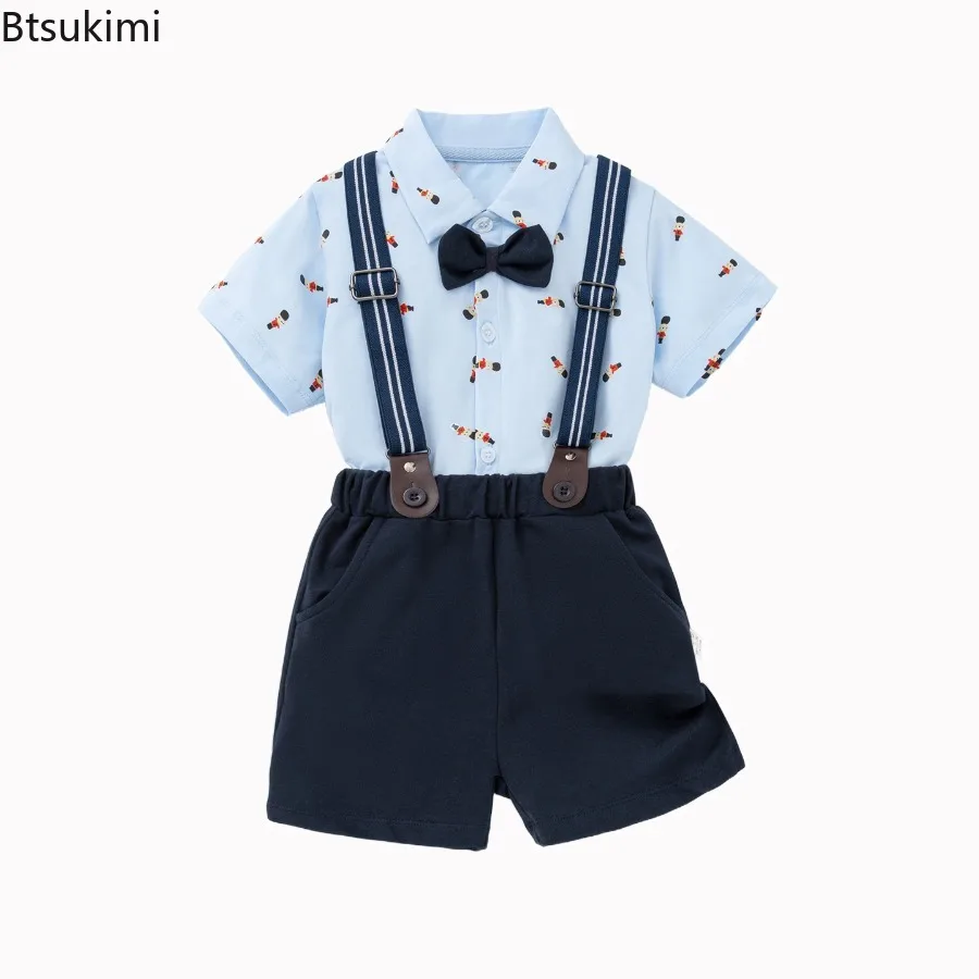 Birthday Party Outfit for Newborn Baby Boys Print Romper with Suspender Set Toddler Soft Cotton Gentleman Suit Infant Clothing