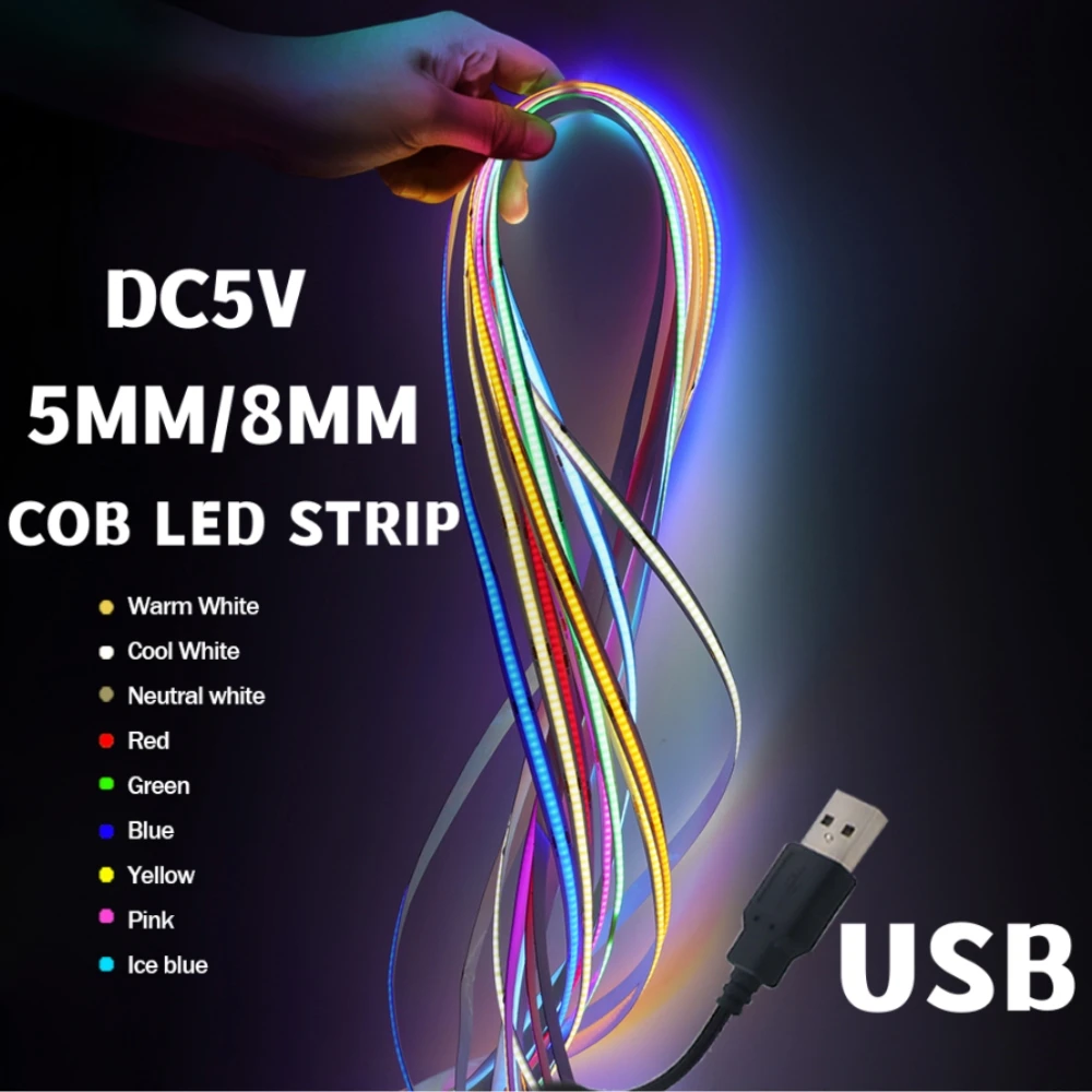 

USB COB Strip TV Backlight 5V RA90 High Density Flexible FOB LED Tape 8MM 5MM PCB 320LEDs/M Linear Lighting 3000K-6500K