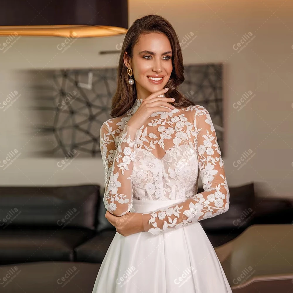 優雅なウェディングドレスヴィンテージブライダルドレスレースアップリケフルスリーブローブフォーマルパーティー用カスタマイズされたvestidosデノビア