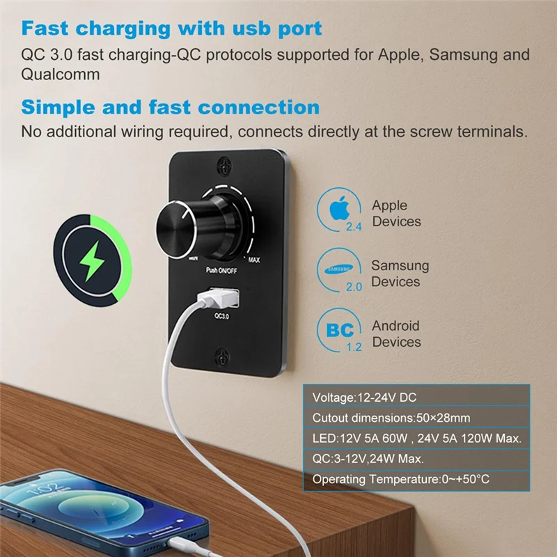 A44Z-DC 12-24 V LED Dimmer PWM Dimmer Switch, 5 A 3 Wire Dimmer For LED Bulbs With USB Fast Charging QC 3.0 For RV,Boat,Truck