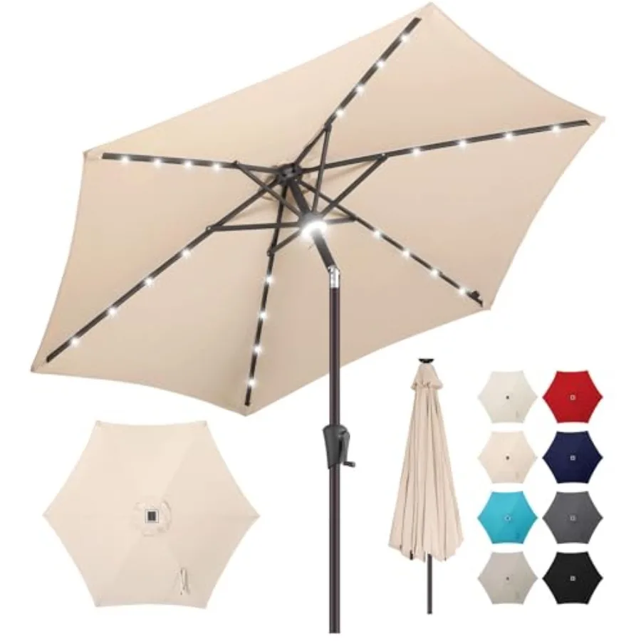 Solar Umbrella Outdoor - Lighted Solar Patio Umbrella with 24 LED Lights Waterprool UV Protection, Table Umbrella with Tilt for
