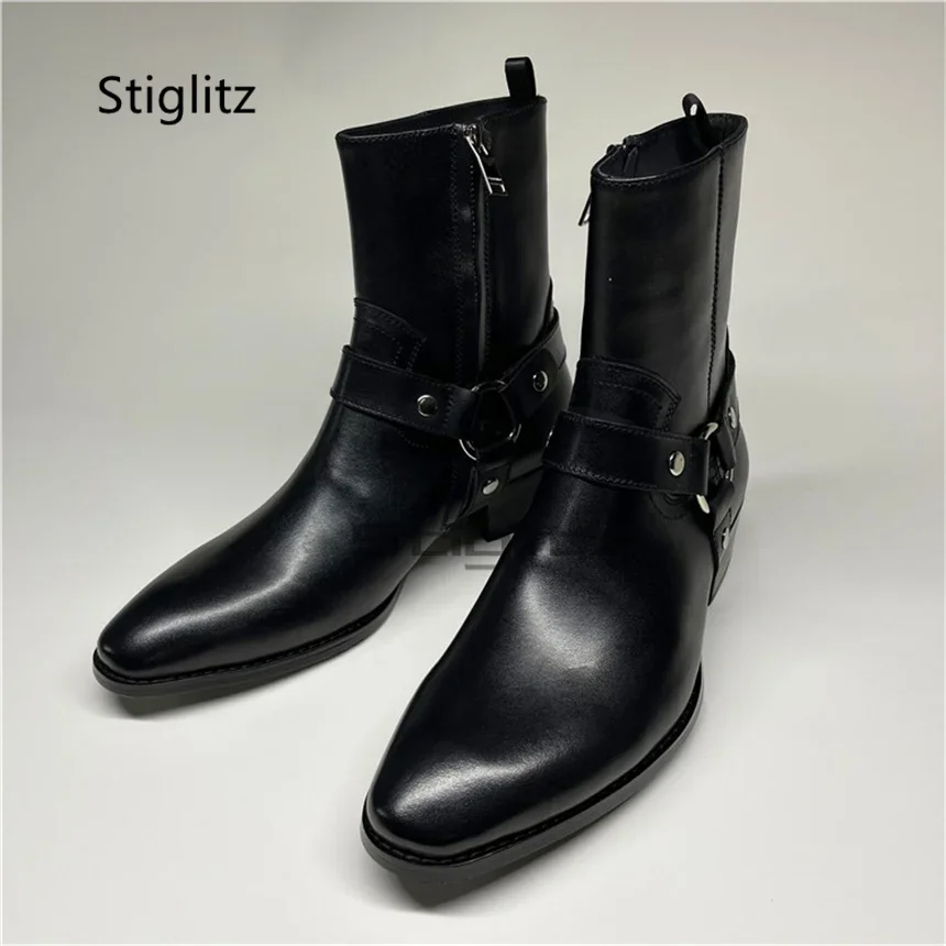 Black Genuine Leather Men's Ankle Boots Med Heel Circle Buckle Side Zip Handmade Chains Chelsea Boots Office Dress Shoes