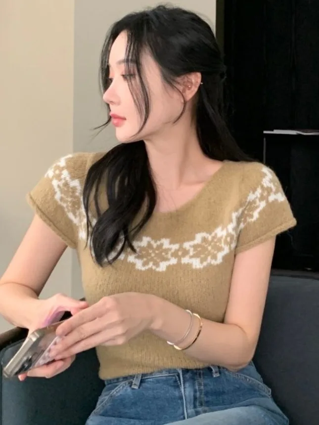

Chic Autumn Winter Vintage round Ne Color Blo Knitted Soft Versatile Slim ort Sve Base Layer Sweater for Women