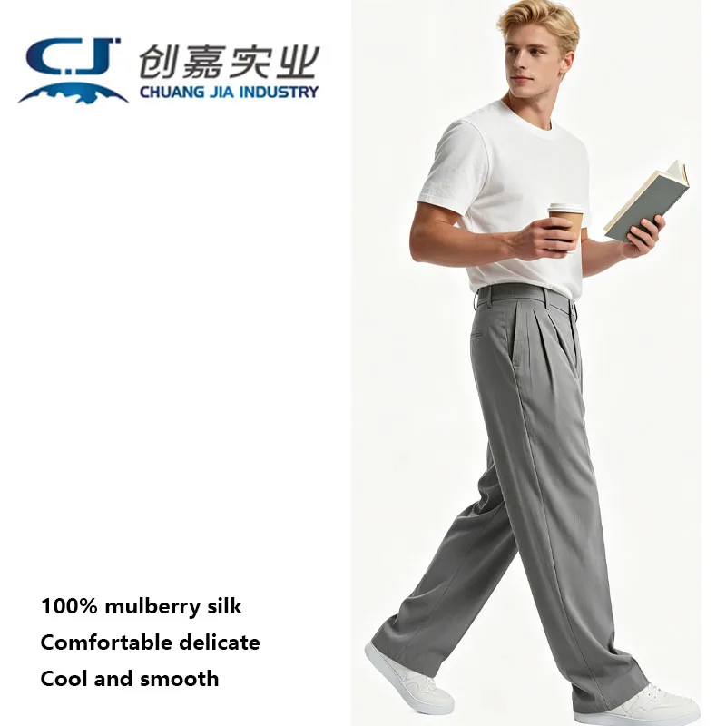 

Natural 100% Silk Spring Summer Men's Pants Black Simple Business Casual Fashion Pants Silky Luster Cool Light Luxury Men's Wear