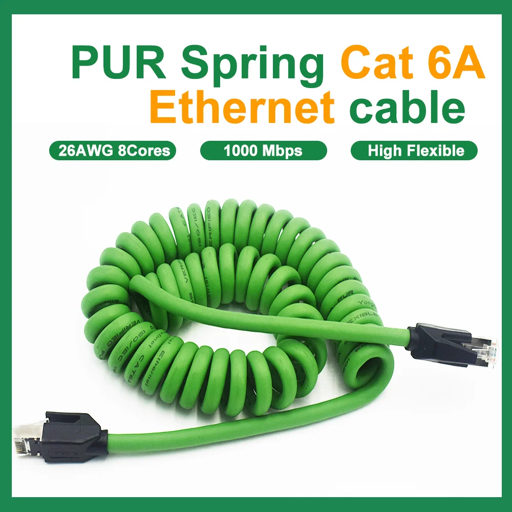 Ethernet LAN komputer sieciowy RJ45 Sping kabel spiralny CAT 6A 8core 26AWG Green PUR Jacket Flexibl rozciągliwy wciągany Coi