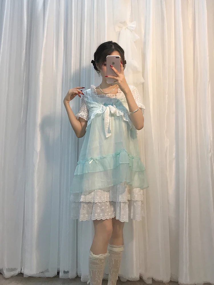 Retro Japanese Sle Lace Set Cute Summer Fre Small Size Women's Clothing Two-Piece Suit Polyester Fiber Casual Dres
