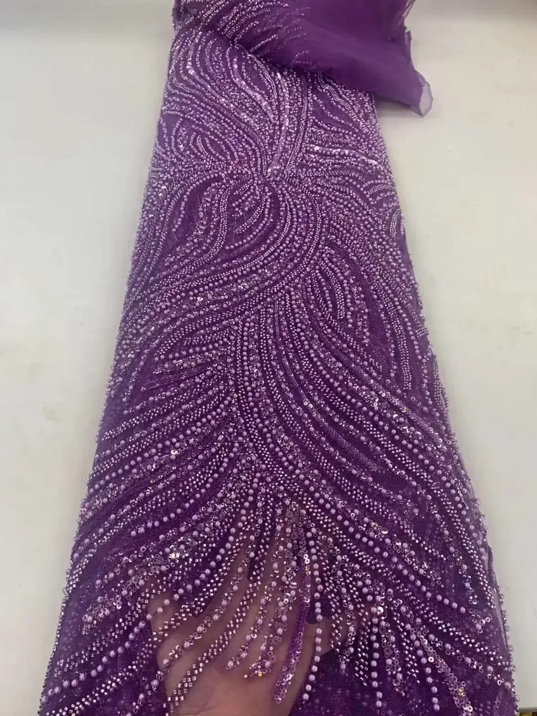 

Luxury Beaded Lace Fabric Pearls Sequins African Purpe Color 2023 High Quality Groom Nigerian Bridal Embroidery French Tulle Net