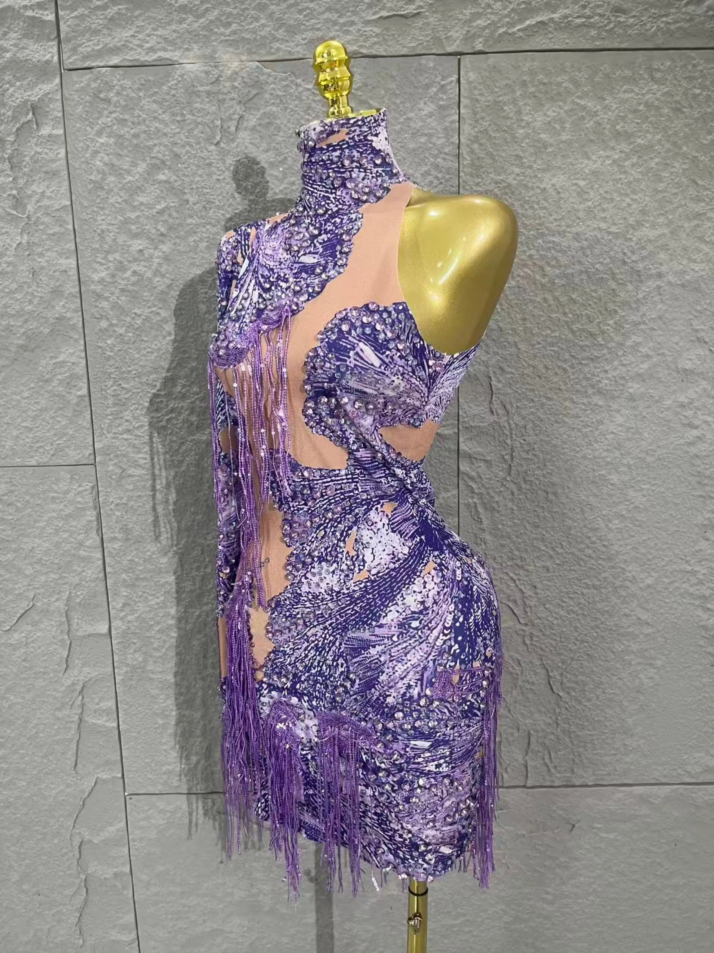 Mini robe violette extensible à manches simples pour femmes, nouvelle célébrité, Sexy, boîte de nuit, chanteur, danseuse, pompon, Costume de scène, fête, 2025