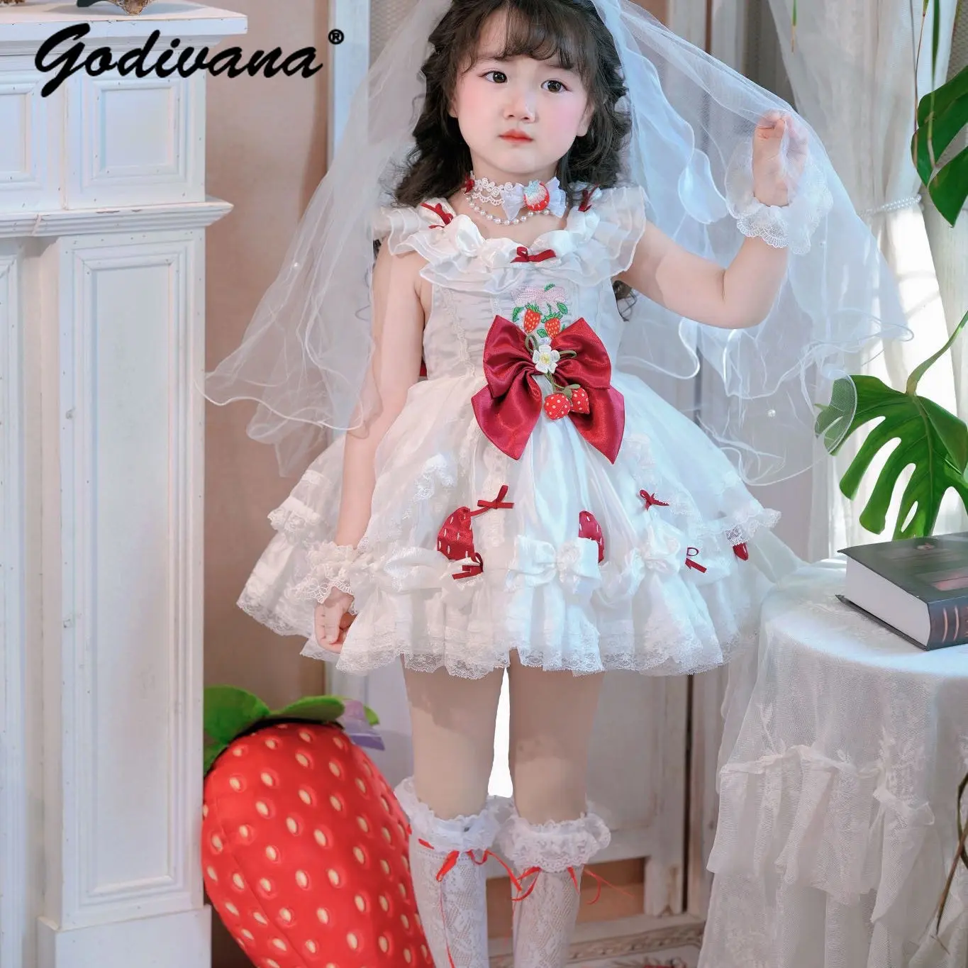Original Sweet Baby Girls High End Heavy Cute Embroidery White Lolita Dress Kids 2026 Summer New First Birthday Party Ball Gown