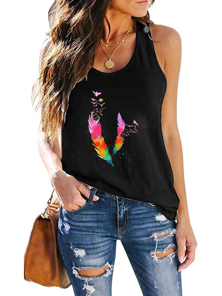 Sleeveless Summer Loose Ladies Ropa Aesthetic Top Clothes Harajuku New Women Tank Tops Color Feather Print  90s Tee Shirt