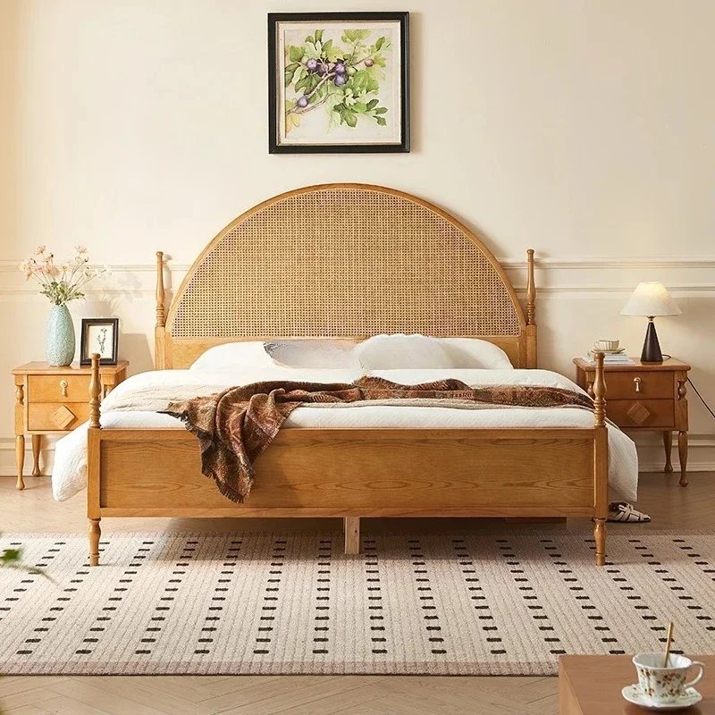 

Rattan small apartment household solid wood master bed