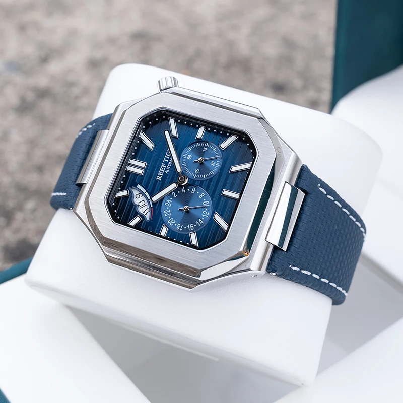 Reef Tiger Мужские автоматические часы 44 мм Квадратные механические наручные часы Водонепроницаемые светящиеся сапфировые часы с запасом хода Дата 24-часовой циферблат