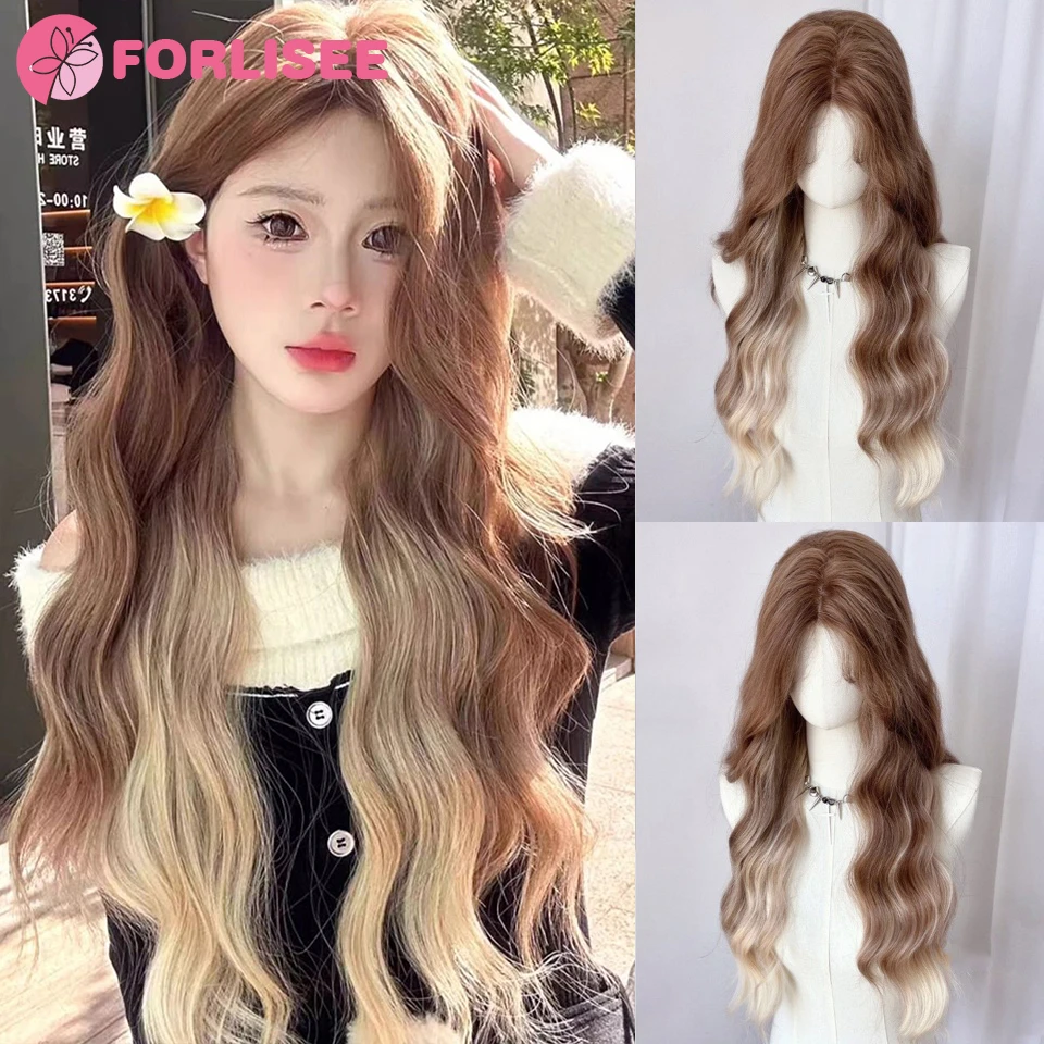 

Popular Brown Platinum Ombre Long Deep Wave Hair Lolita Wigs With Bangs Synthetic Wig For Women Fashion Thick Curls Wigs Girl ﻿