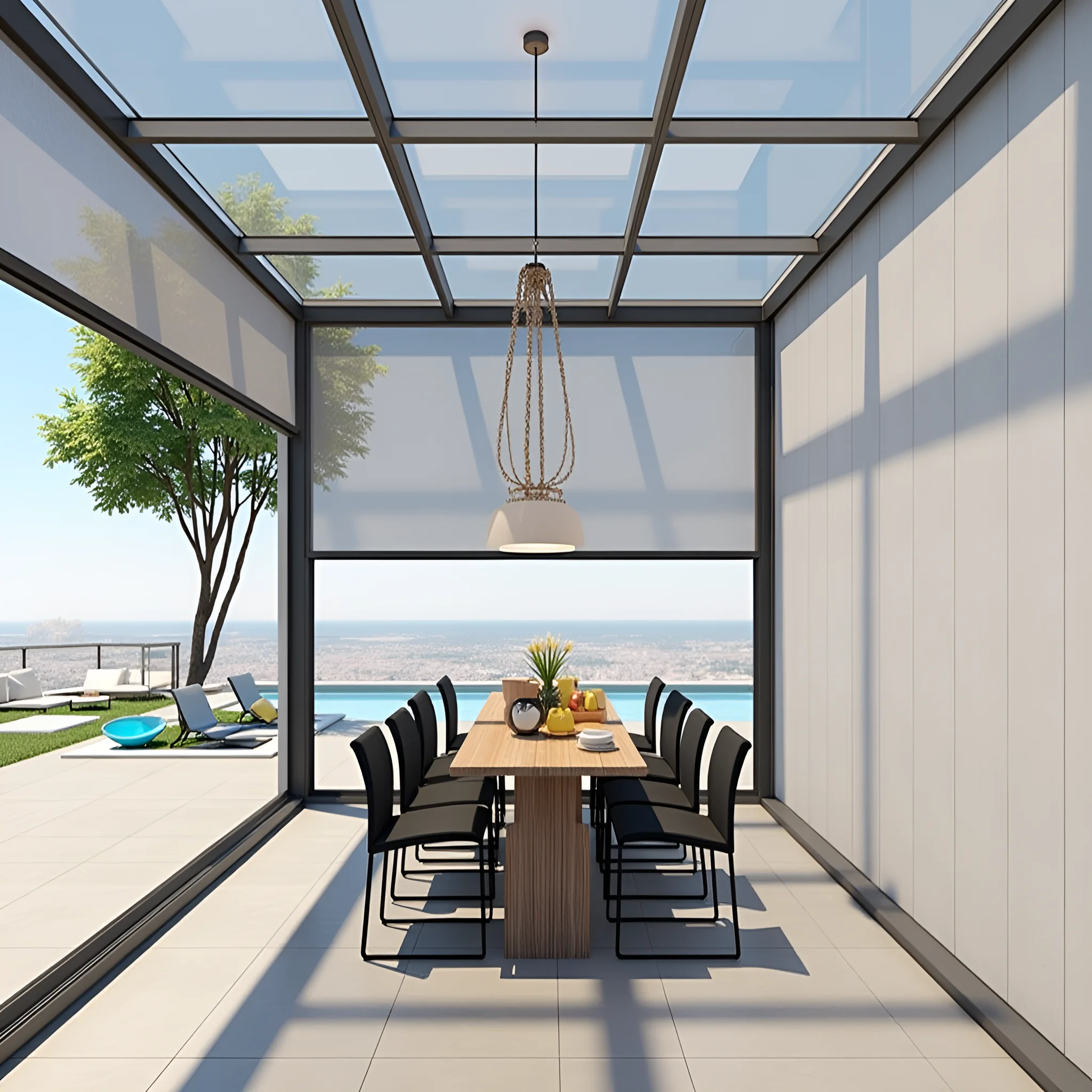 

Heavy-duty windproof & waterproof outdoor roller blinds. Motorized control, durable aluminum frame, custom fit for balcony & pat