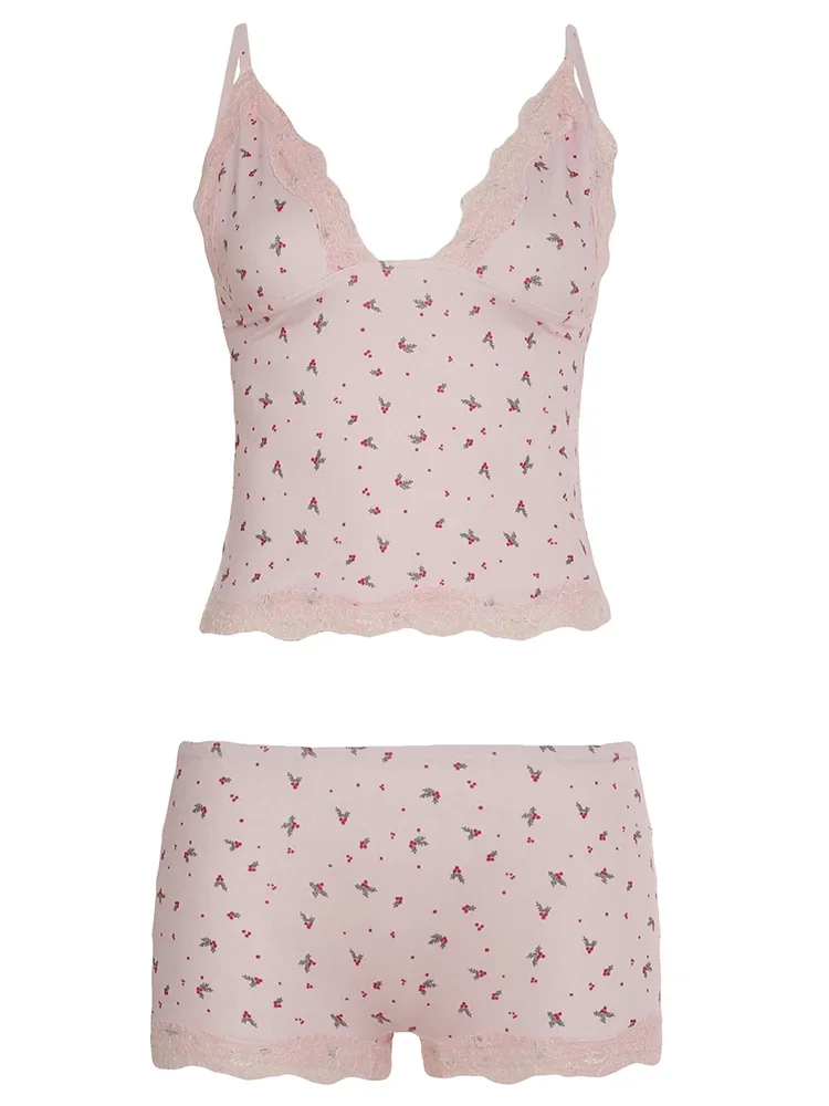 Women's Floral Lace Camisole and Shorts Pajama Set V Neck Cami Top & Lace Trim Sleepwear Loungewear Two Piece Set image 5