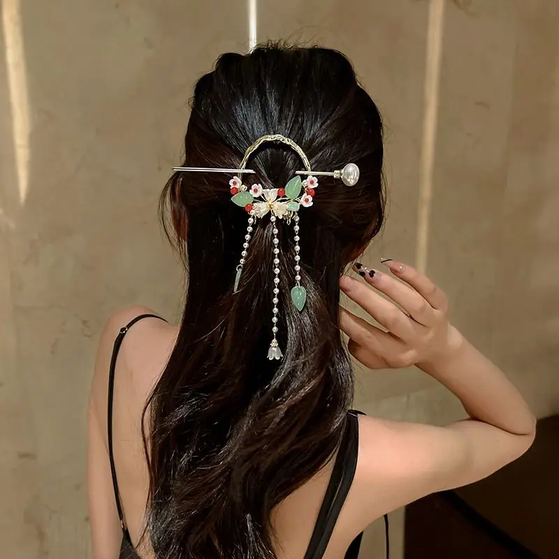 

Women Sweet Casual Tassels Pearls Fiower Alloy Hair Sticks New Chinese Style Headwear Hairpin Female Festivals Hair Accessories