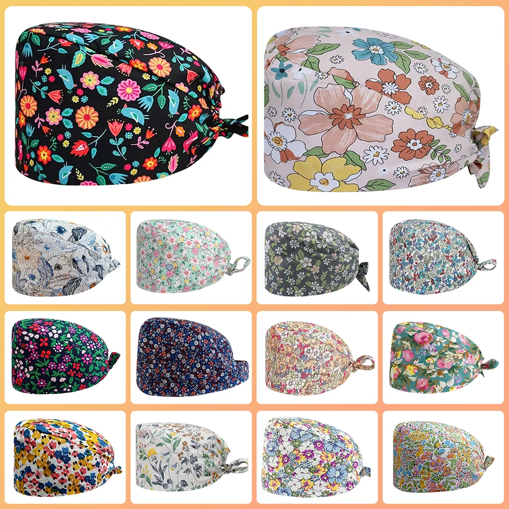 

Female's Scrub Cap Sweatband Flower Printed Dental Surgical Hat Cotton Medical Hospital Clinic Working Surgeon Hats Unisex Male