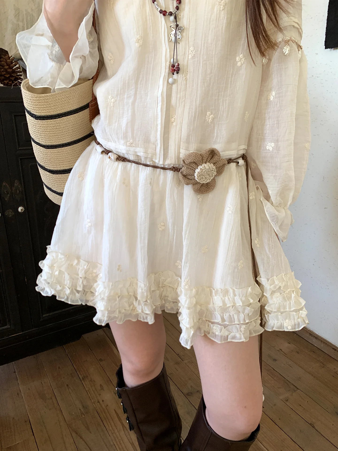 Vintage Ethnic Style Handmade Woven Flower Beaded Waist Rope Women's Bohemian Style Belt Matching Dress