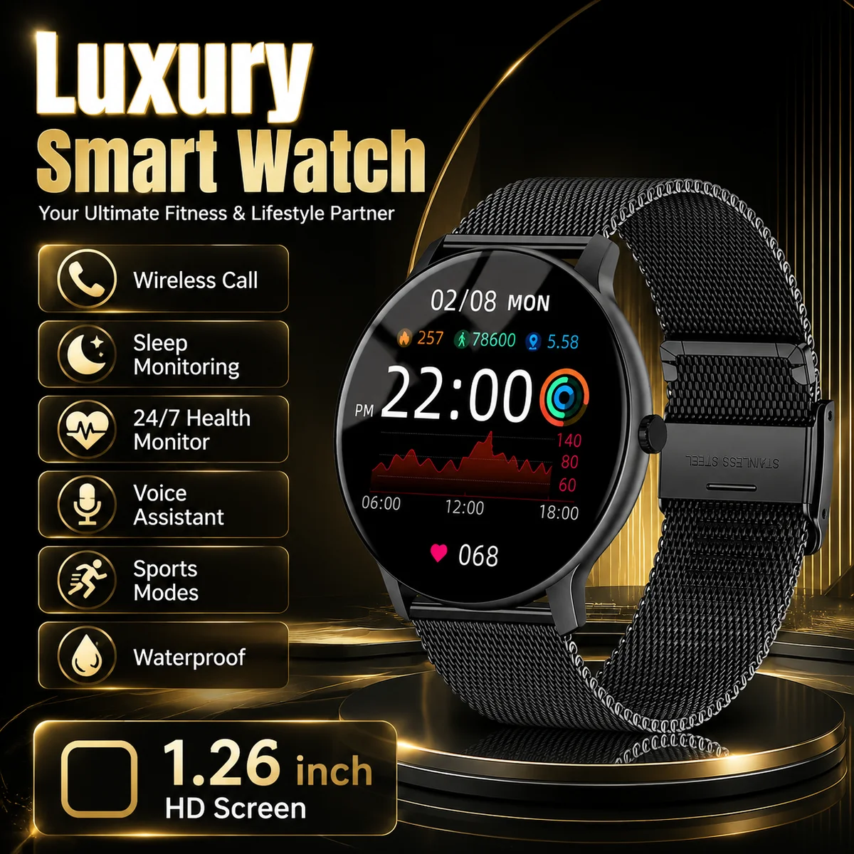 Breath Rate Monitor - Montre connectée 2026 pour hommes, surveillance