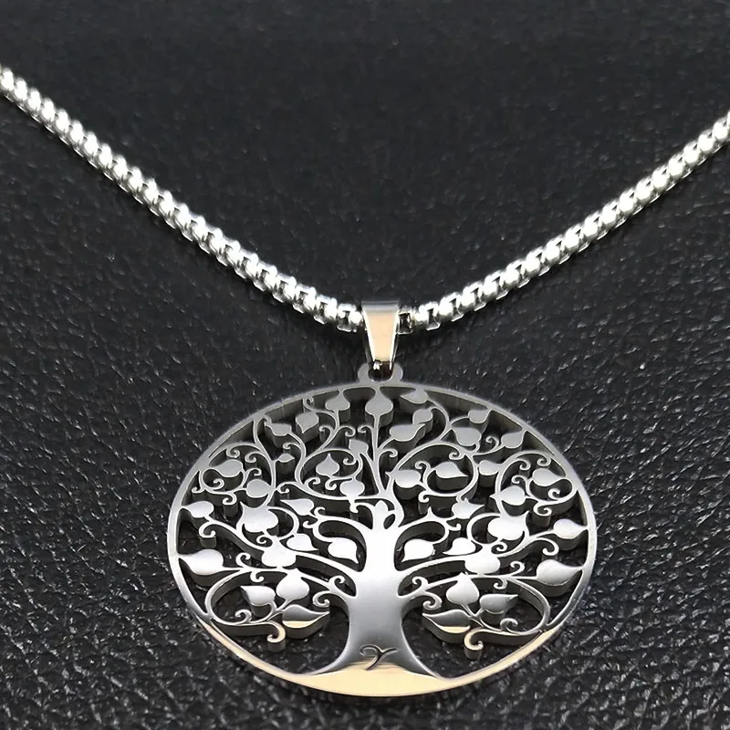 Tree of Life Pendant Stainless Steel Necklace Silver Color  Women Men Amulet Neck Chain Jewelry collar arbol de la vida N11S01