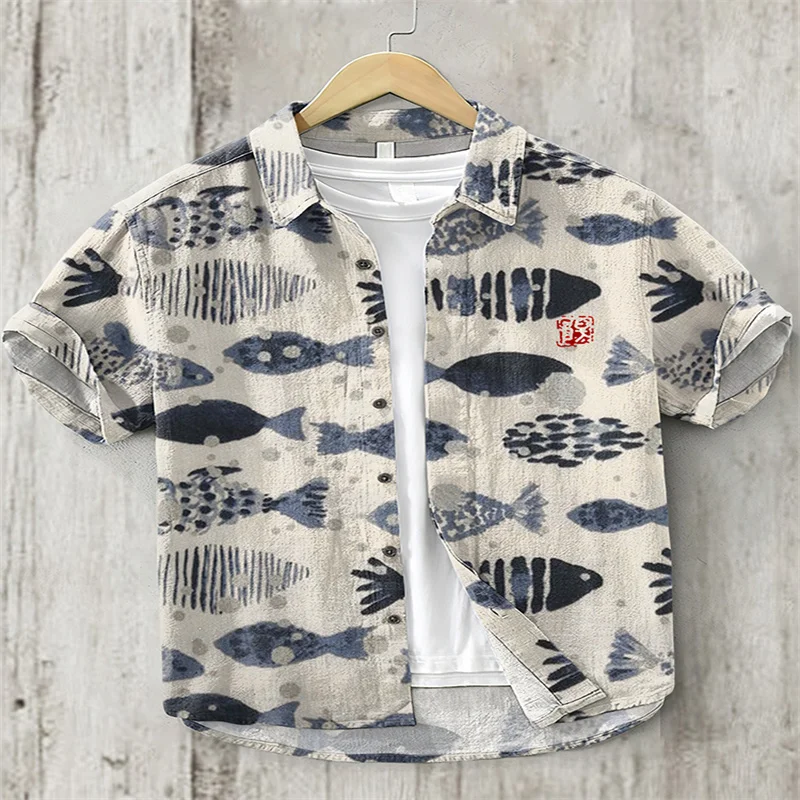 Camiseta de manga corta con solapa para hombre, cárdigan informal de playa de estilo hawaiano, camisa con motivo de peces de col