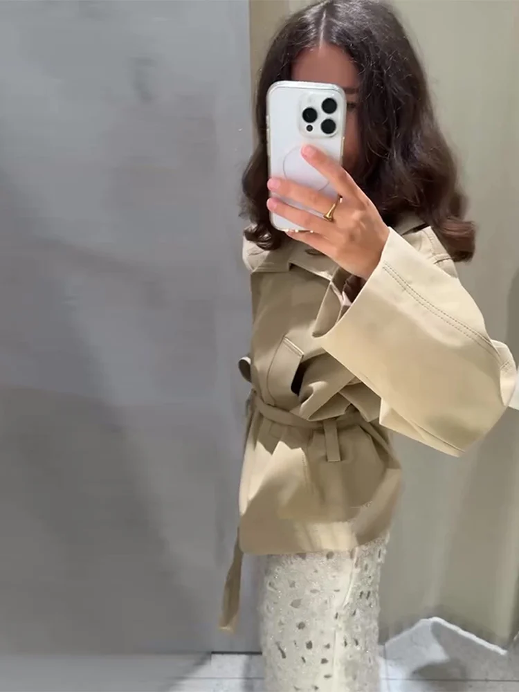 

Элегантный офисный женский укороченный плащ, куртки большого размера с широкими лацканами и завязками на талии, винтажная осенняя верхняя одежда на шнуровке