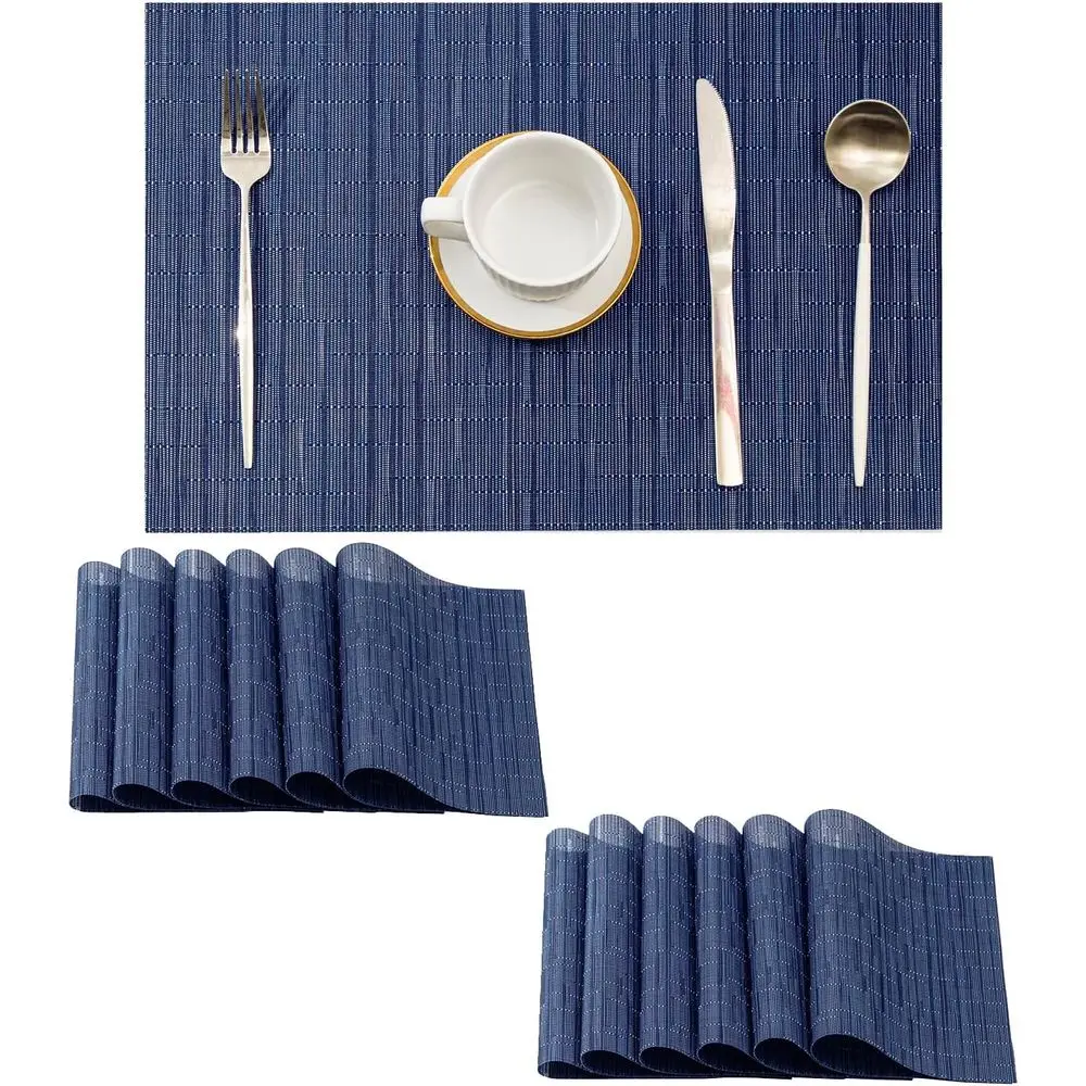 Juego de 12 manteles individuales tejidos de PVC antideslizantes y resistentes al calor de color azul para mesas de comedor, lavables y duraderos