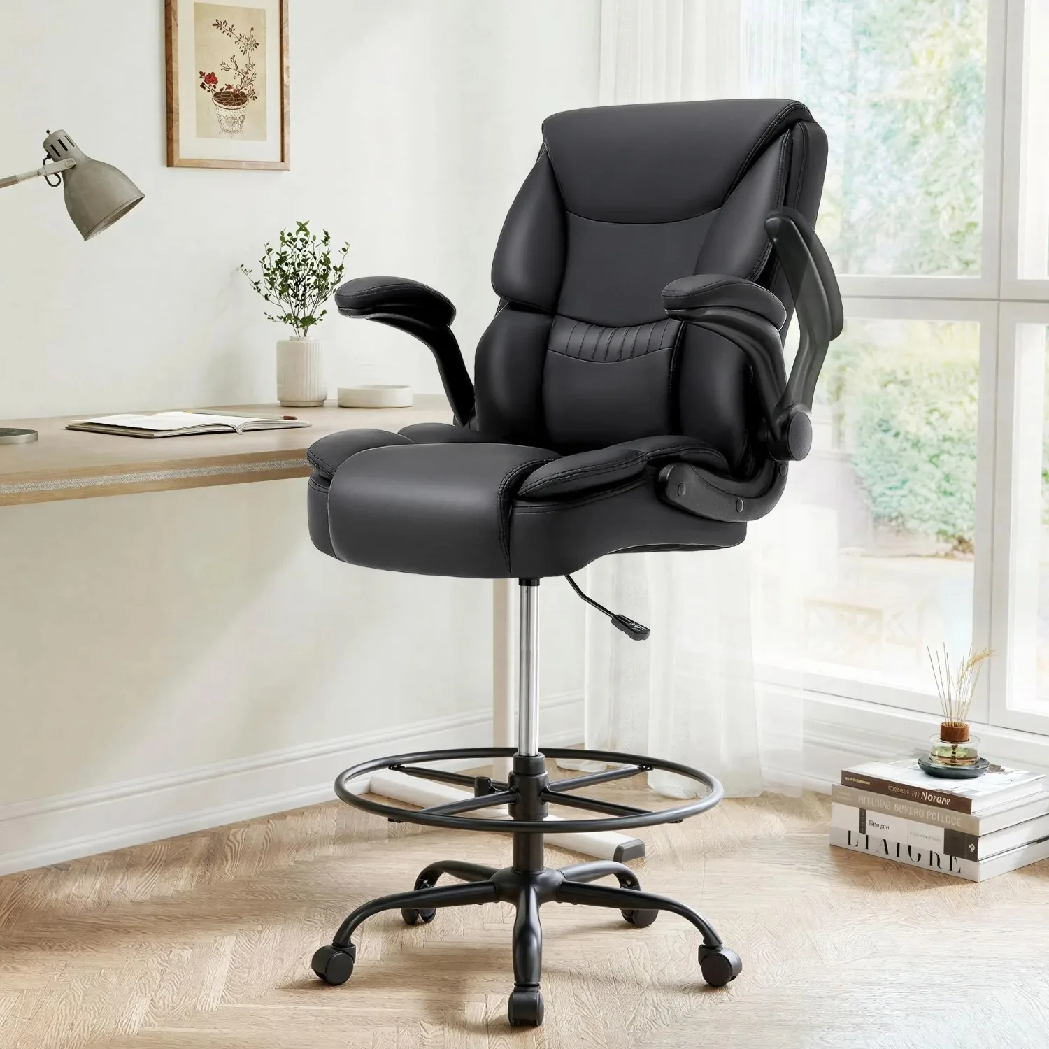 Ergonomic Drafting Chair, Tall Office Chair for Standing Desk, High Back Standing Desk Chair with Flip-Up Armrest
