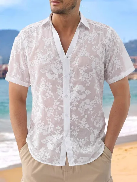 

Мужская жаккардовая рубашка с вышивкой, ажурная, с коротким рукавом, из тонкой хлопковой ткани, для пляжа, летняя, повседневная