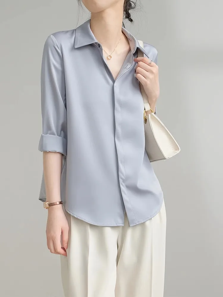 

Весенне-осенняя атласная женская рубашка с длинным рукавом, модный шифоновый топ, элегантная женская блузка TT161