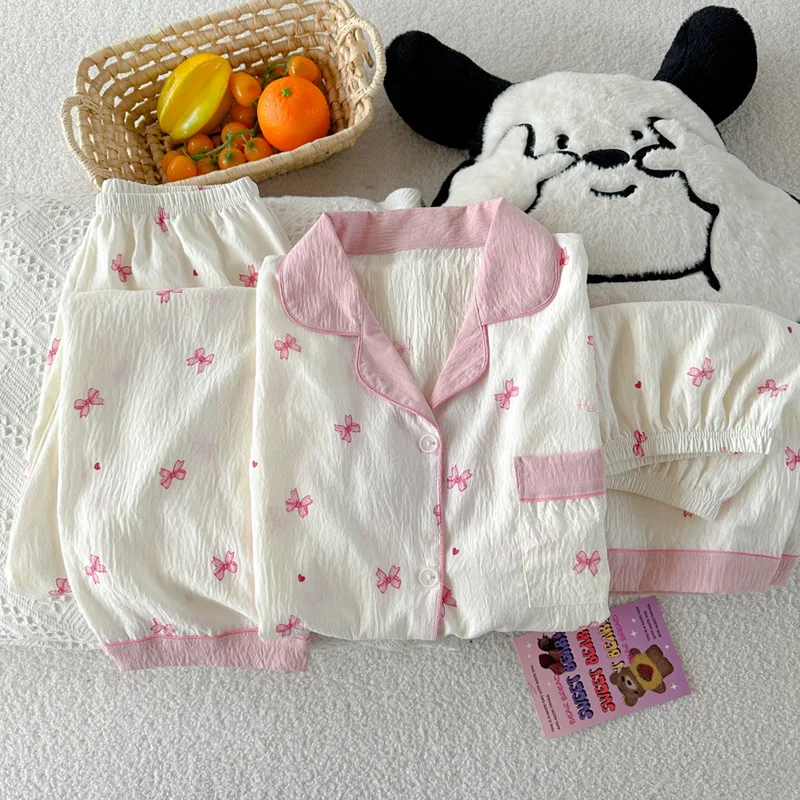 

Новинка: летний пижамный комплект в корейском стиле с принтом «бантики и облака», из хлопка, три предмета, с коротким рукавом, кардиган, повседневная домашняя одежда