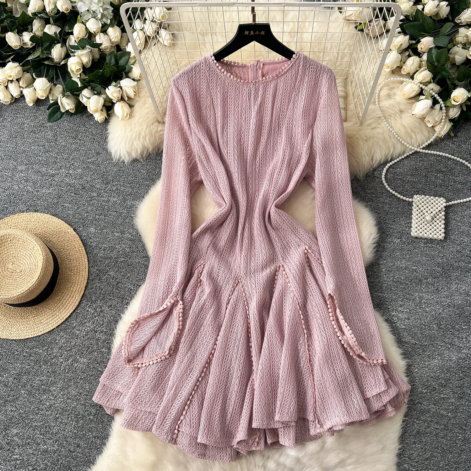 Elegant Mesh Knit Vintage O-neck Split Long Sleeves Slim Ruffle Short Dresses Fairycore Streetweart High Street Autumn Clothing