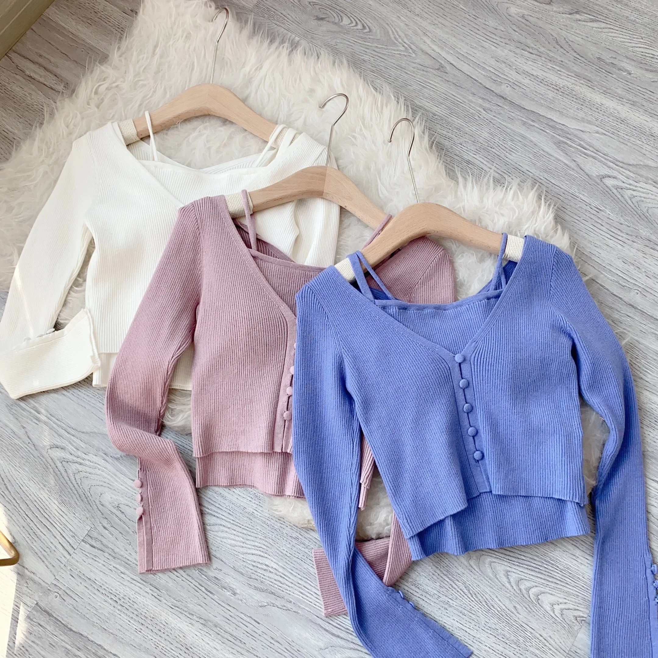 Kuzuwata Japanese Solid Color Slim V Neck Cardigan Vests Two-piece Suits 2024 Early Spring Sweet Outerwear Long Sleeve Top Women