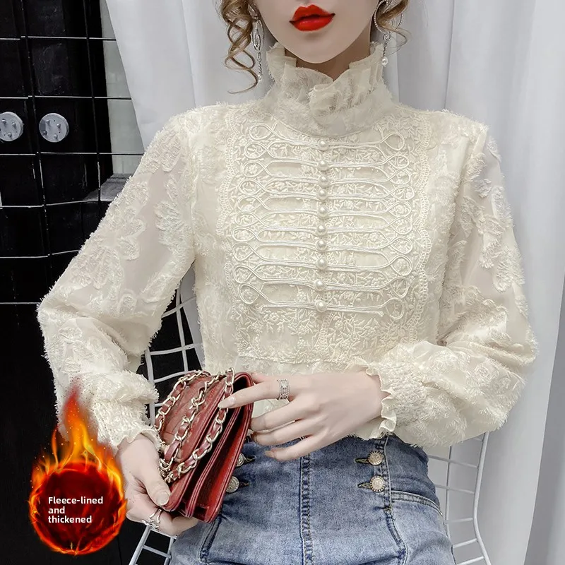

Элегантная женская блузка с высоким воротником и кружевом, на флисовой подкладке, осенне-зимняя, новая модная шифоновая кофта, утягивающая базовая рубашка