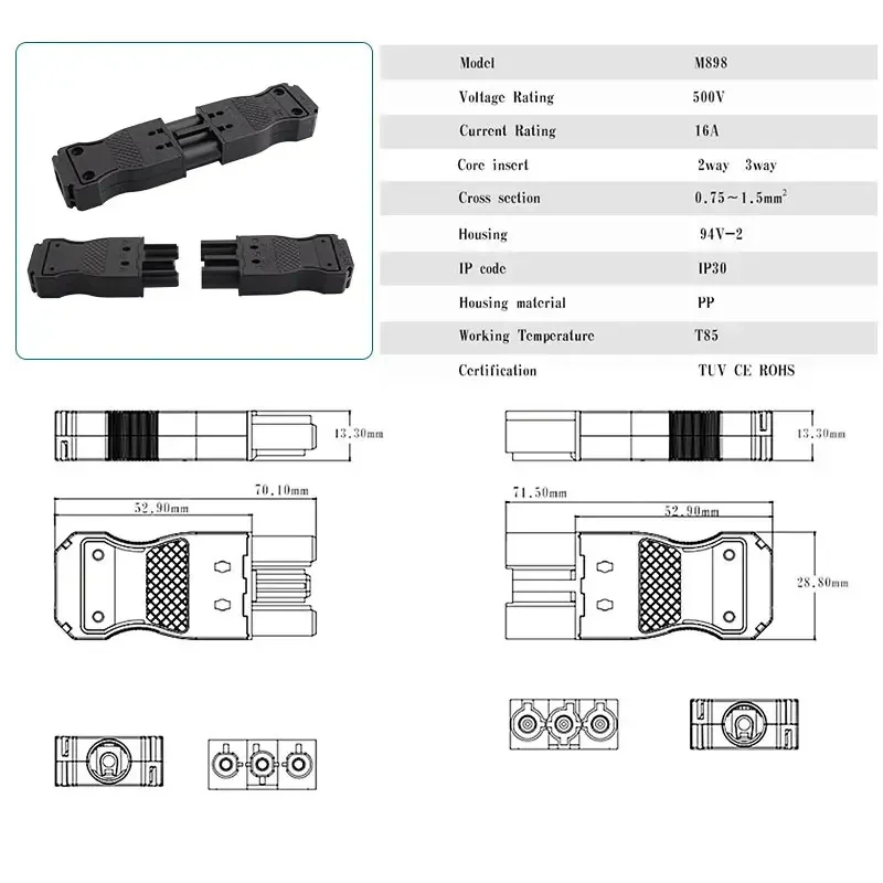500V LED Quick Docking AC/DC M898/896 Docking Flat 2Pin 3 Pin Tripartite Line Terminal 16A PS  Male Female Plug-in Connector