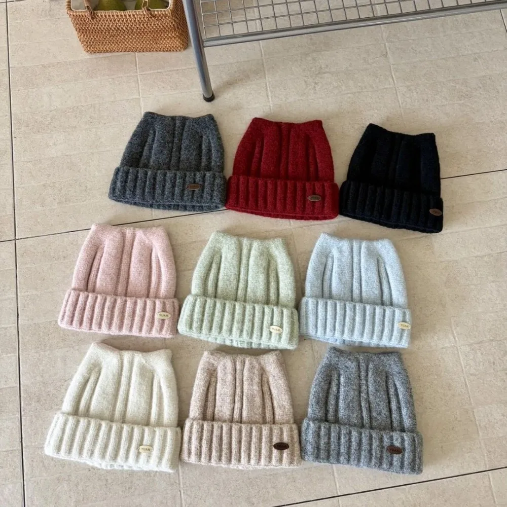 Cat Ear Stretchy Beanie Hat Solid Color 56cm To 58cm Head Circumference Ribbed Knitted Beanie Polyester Winter Warm Hat