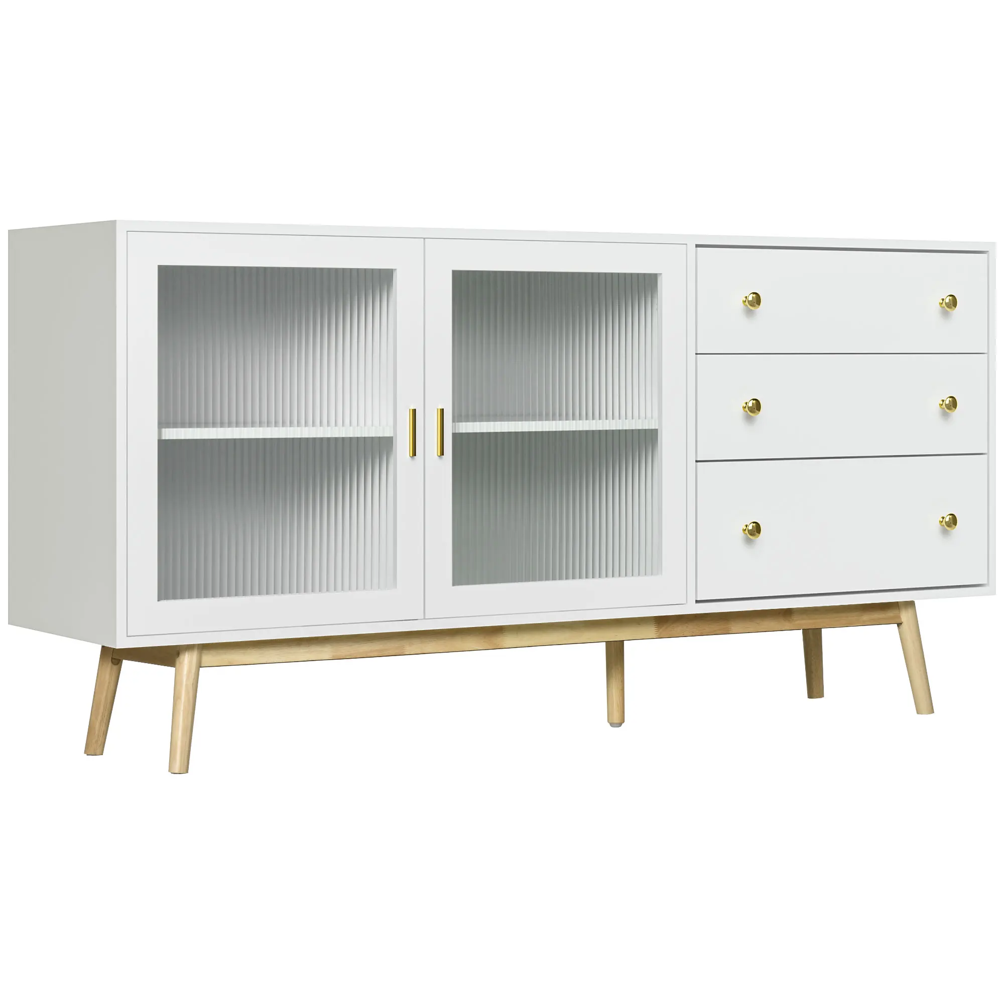 HOMCOM modern kitchen sideboard living room cabinet cabinet with 2 glass doors 3 drawers and rubber wood legs for dining room 160x40x80 cm White