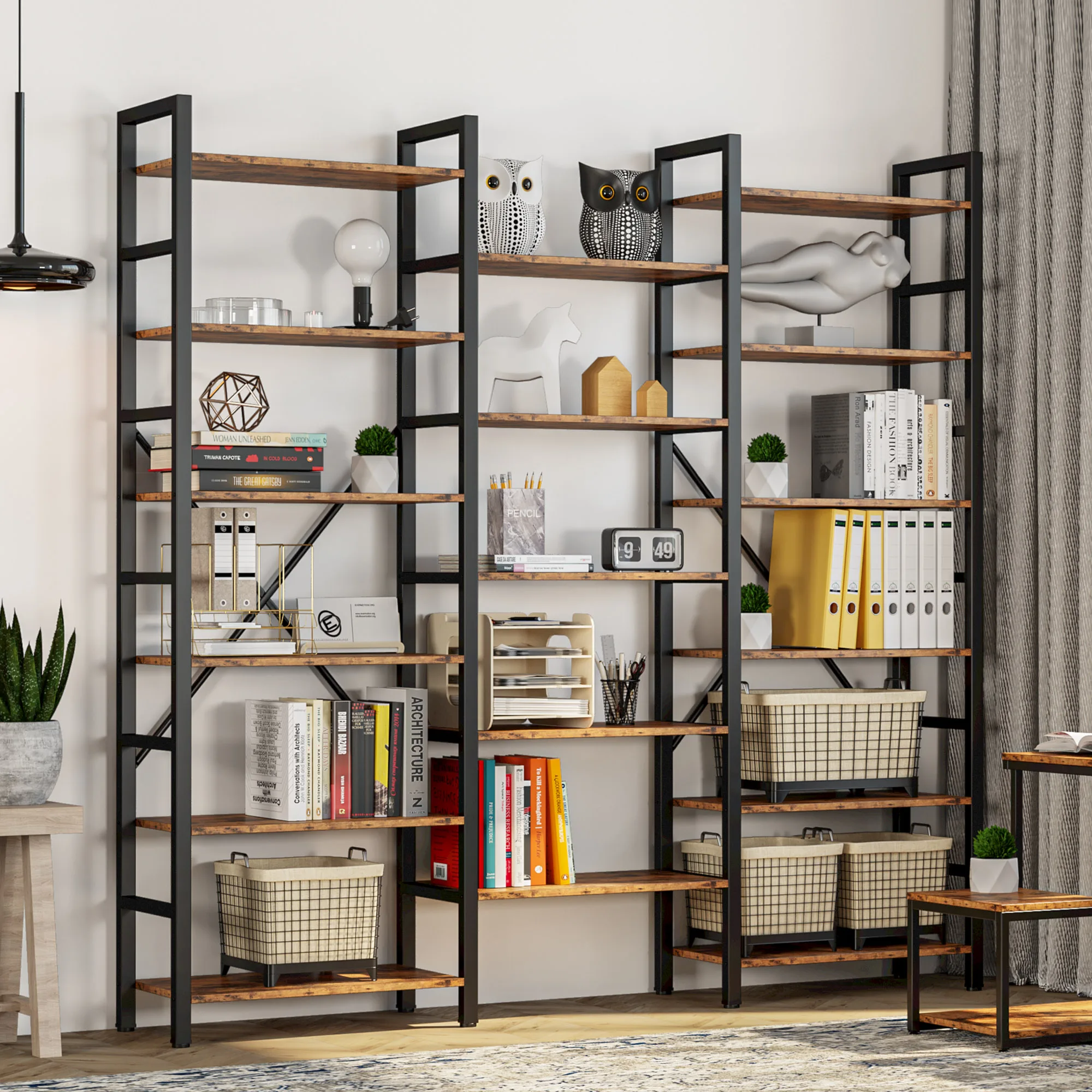 IRONCK Bookcases and Bookshelves Triple Wide 6 Tiers Industrial Bookshelf, Large Etagere Bookshelf Open Display Shelves