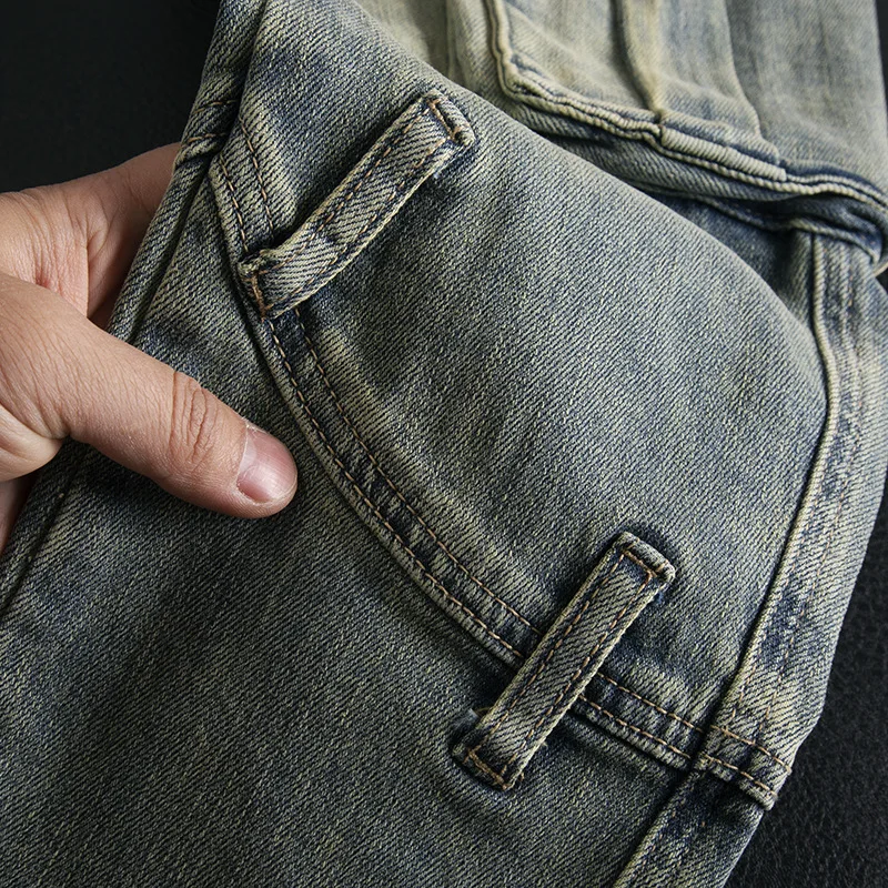 Multi pocket patchwork jeans for men, slim fit, small feet, elastic retro, high-end motorcycle riding trend, heavyweight pants