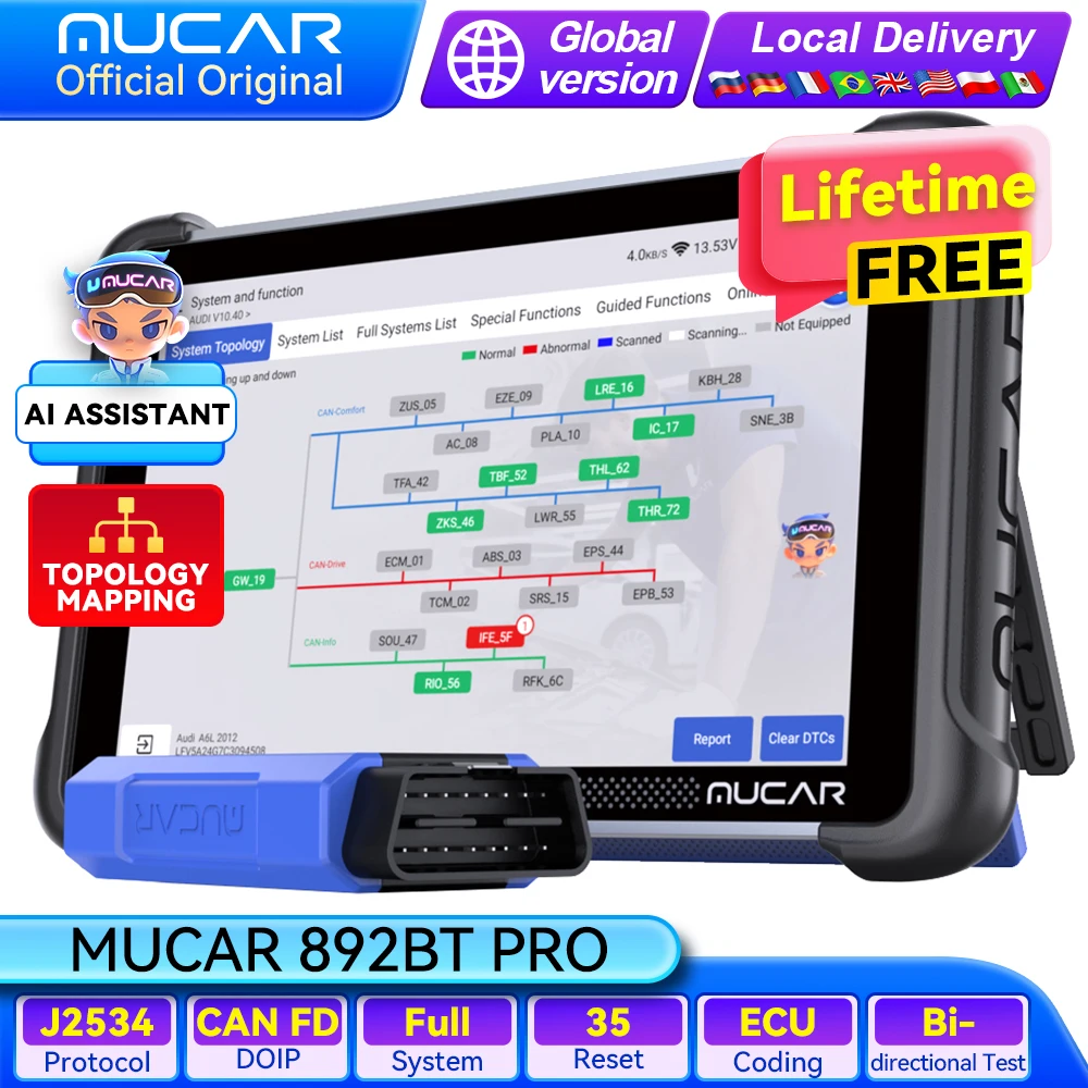 MUCAR 892BT PRO Car OBD2 Scanner Full System Diagnostic J2534 ECU Coding Bidirectional 35 RESET IMMO VAG Guide Lifetime Free